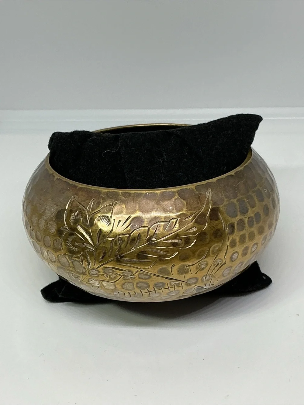 Vintage Hammered Brass Wide Cuff Bangle Bracelet Etched Thistle Floral Design